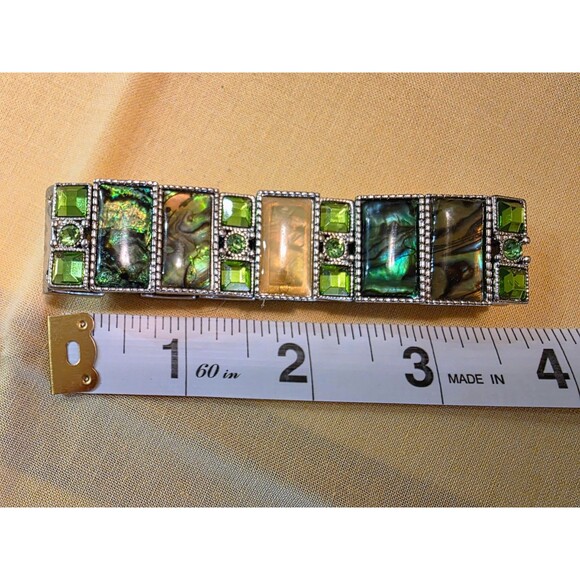 Vintage-Inspired Green & Gold Stretch Bracelet Abalone Shell & Rhinestone Accent - Picture 4 of 4